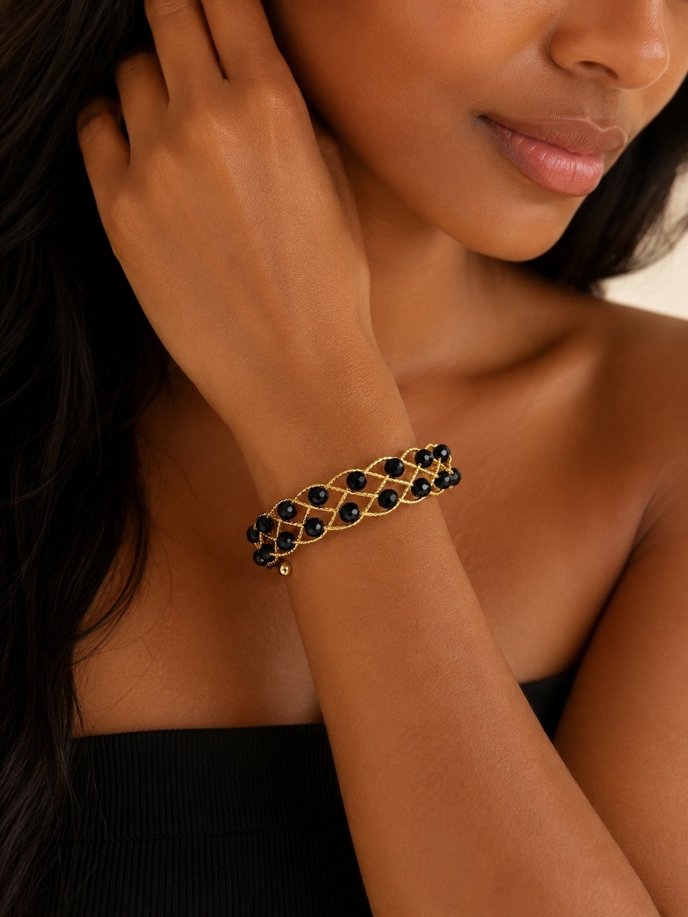 Gold and Black Beaded Woven Bangle Cuff